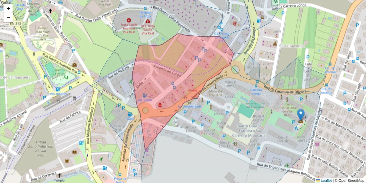 Mapa detalhado do código postal 5000-047 com limites, códigos postais vizinhos e agências dos correios
