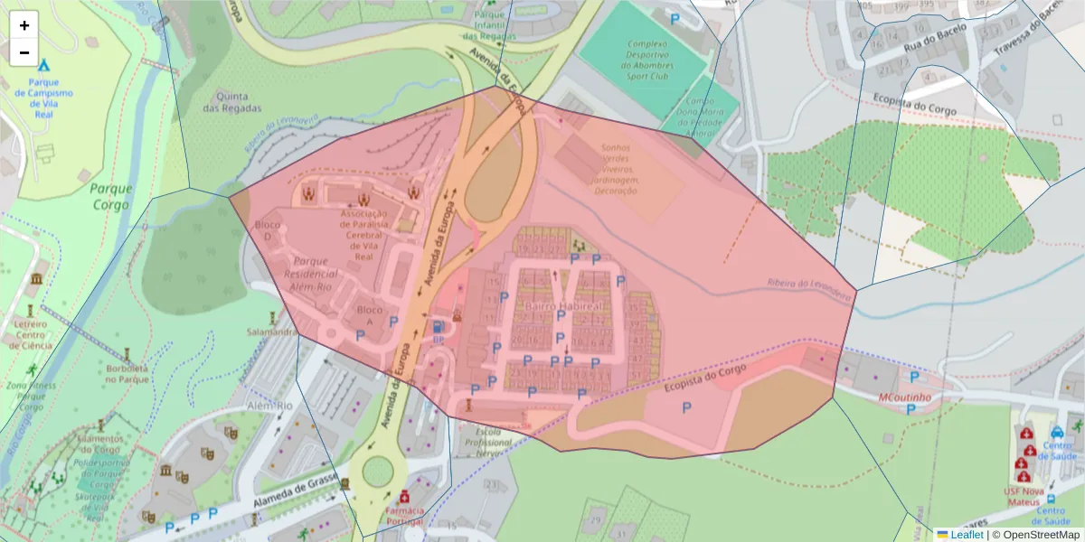 Mapa detalhado do código postal 5000-050 com limites, códigos postais vizinhos e agências dos correios