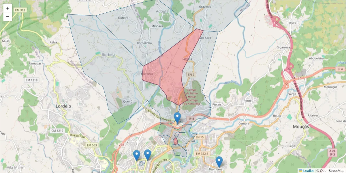 Mapa detalhado do código postal 5000-062 com limites, códigos postais vizinhos e agências dos correios