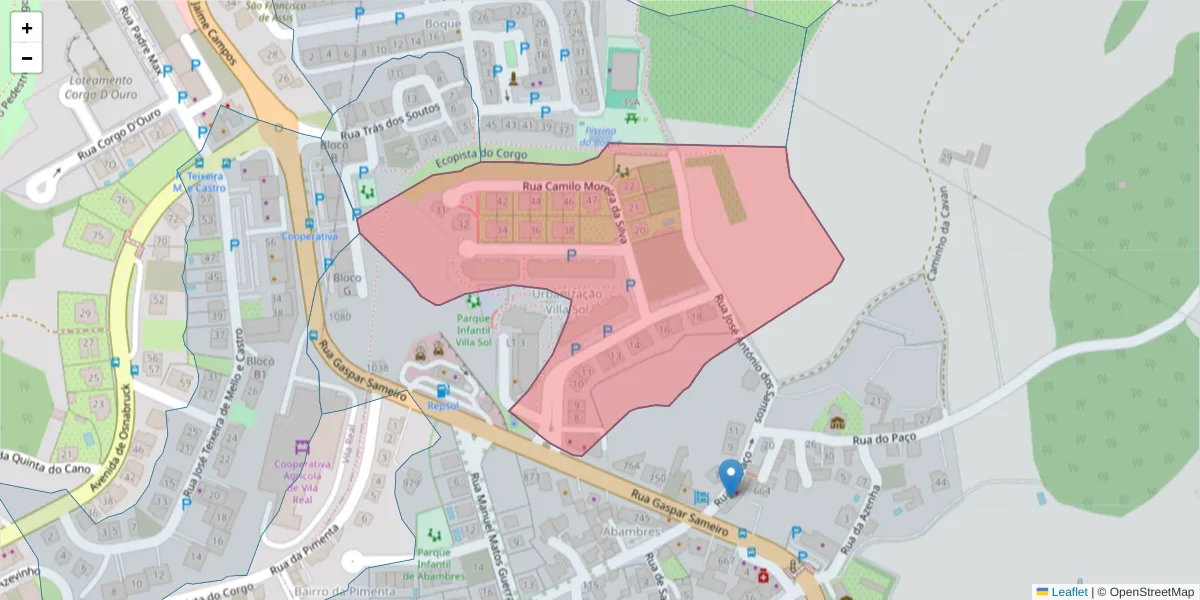 Mapa detalhado do código postal 5000-065 com limites, códigos postais vizinhos e agências dos correios