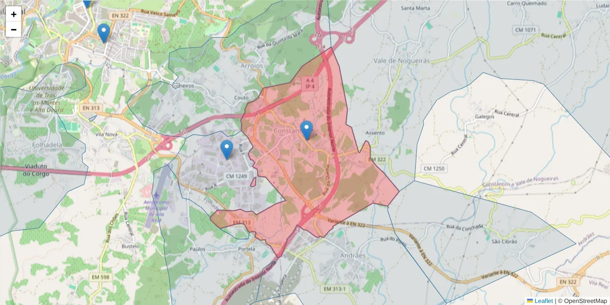 Mapa detalhado do código postal 5000-081 com limites, códigos postais vizinhos e agências dos correios