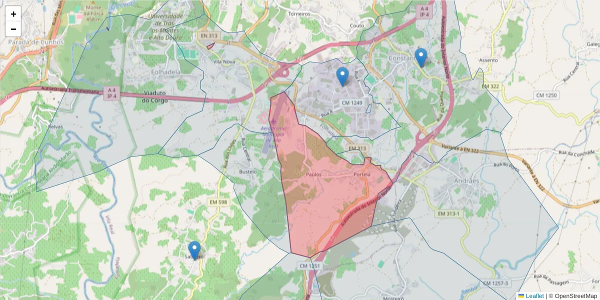 Mapa detalhado do código postal 5000-101 com limites, códigos postais vizinhos e agências dos correios