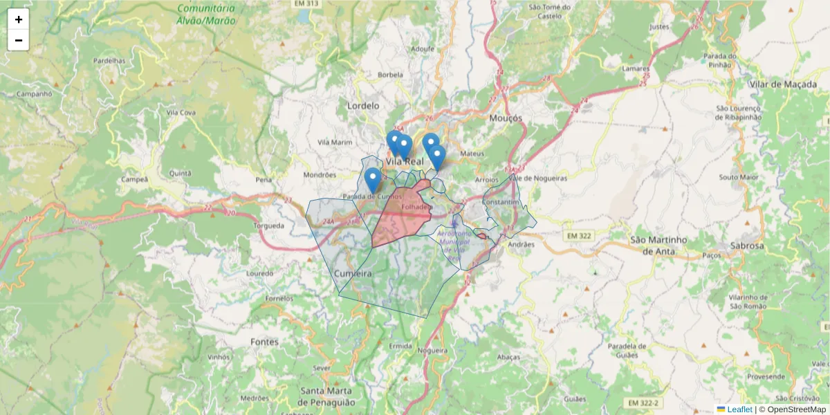 Mapa detalhado do código postal 5000-103 com limites, códigos postais vizinhos e agências dos correios