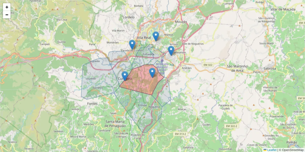 Mapa detalhado do código postal 5000-104 com limites, códigos postais vizinhos e agências dos correios