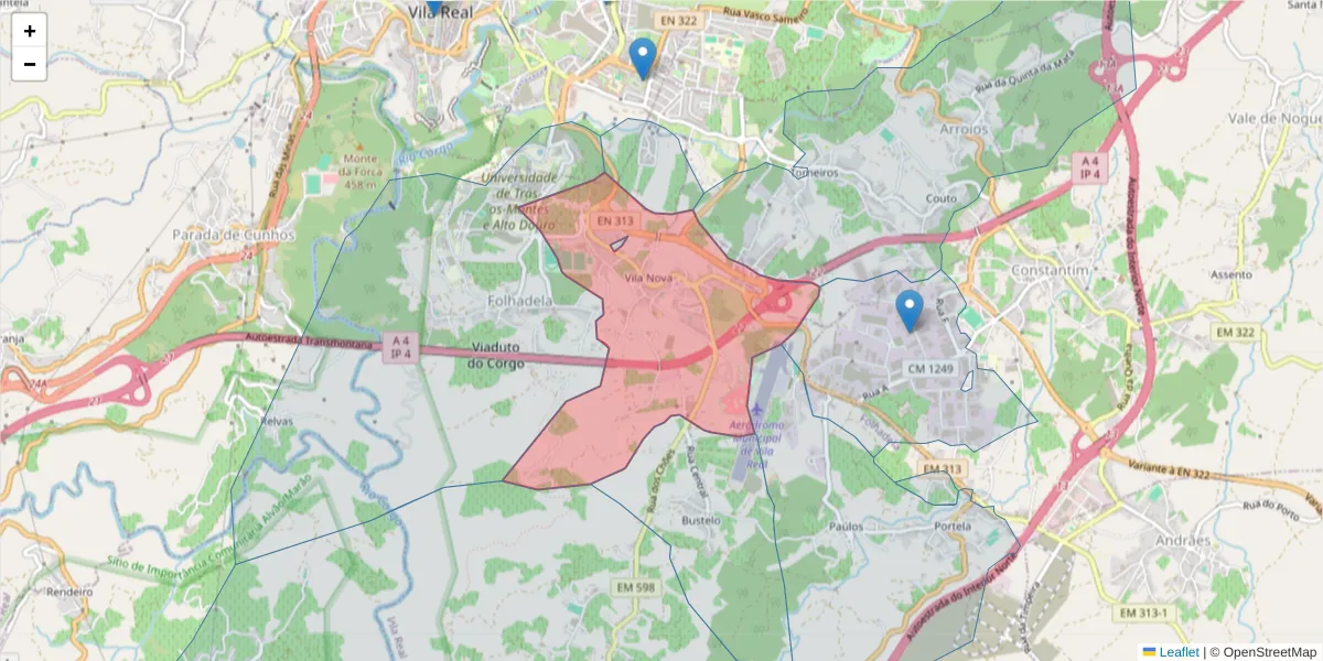 Mapa detalhado do código postal 5000-105 com limites, códigos postais vizinhos e agências dos correios