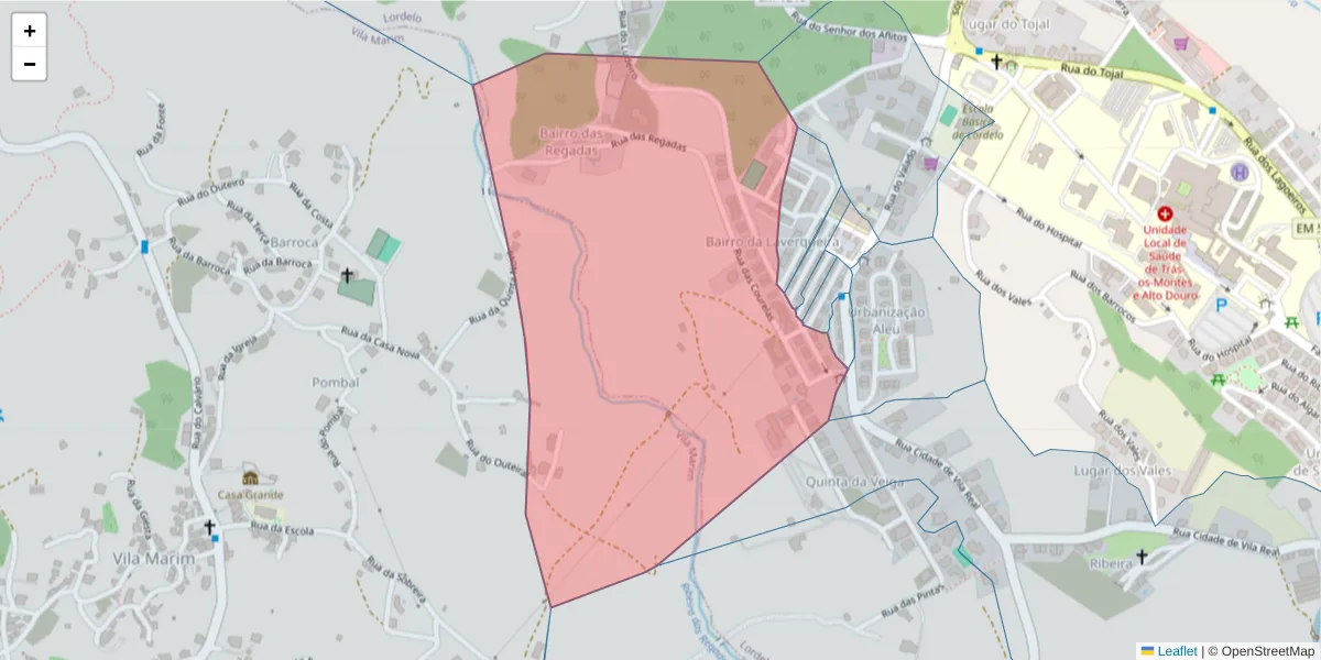 Mapa detalhado do código postal 5000-164 com limites, códigos postais vizinhos e agências dos correios
