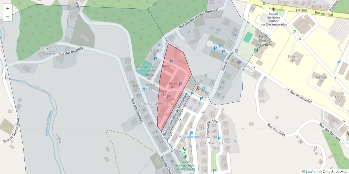 Mapa detalhado do código postal 5000-165 com limites, códigos postais vizinhos e agências dos correios
