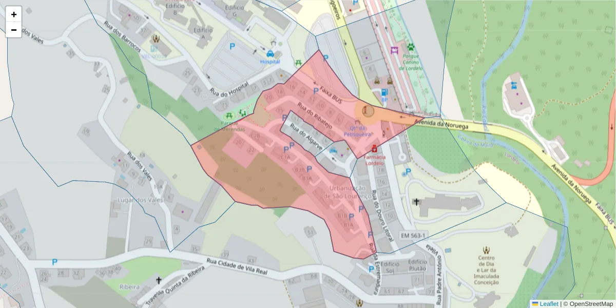 Mapa detalhado do código postal 5000-172 com limites, códigos postais vizinhos e agências dos correios