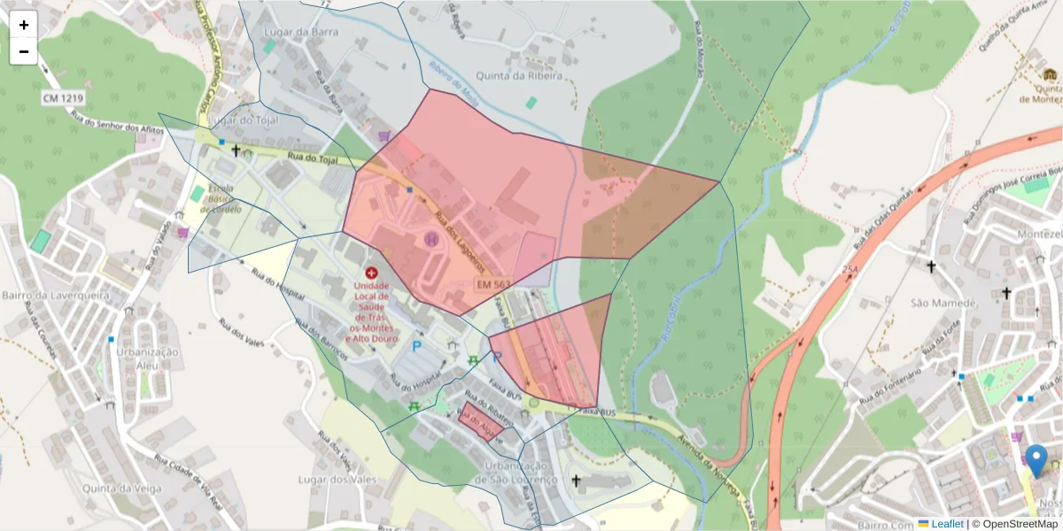 Mapa detalhado do código postal 5000-185 com limites, códigos postais vizinhos e agências dos correios