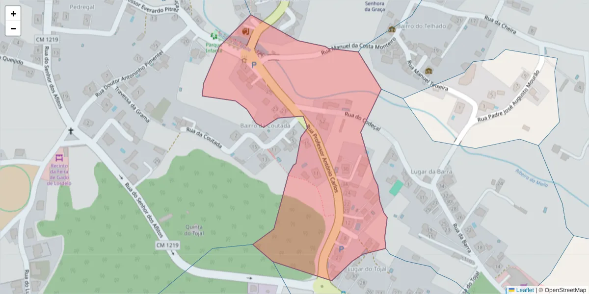 Mapa detalhado do código postal 5000-218 com limites, códigos postais vizinhos e agências dos correios