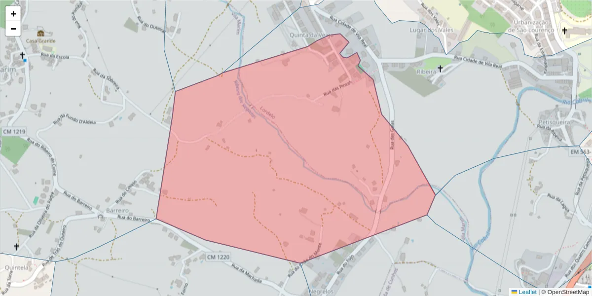 Mapa detalhado do código postal 5000-225 com limites, códigos postais vizinhos e agências dos correios