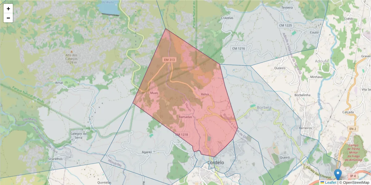 Mapa detalhado do código postal 5000-229 com limites, códigos postais vizinhos e agências dos correios