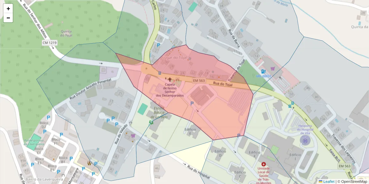 Mapa detalhado do código postal 5000-232 com limites, códigos postais vizinhos e agências dos correios
