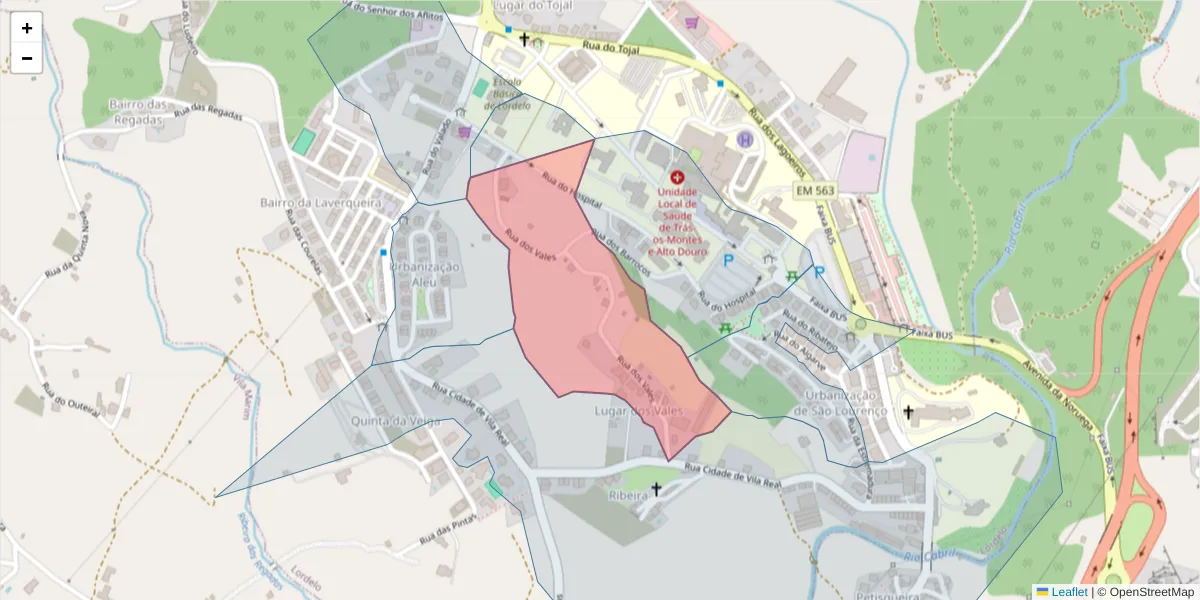 Mapa detalhado do código postal 5000-233 com limites, códigos postais vizinhos e agências dos correios