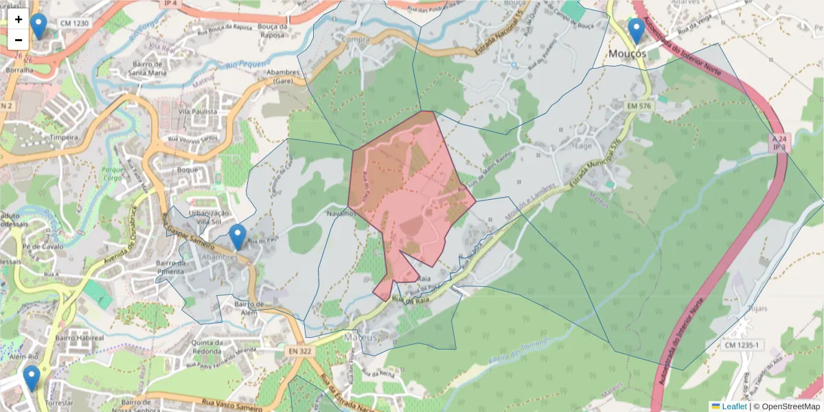 Mapa detalhado do código postal 5000-284 com limites, códigos postais vizinhos e agências dos correios
