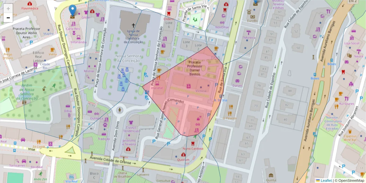 Mapa detalhado do código postal 5000-295 com limites, códigos postais vizinhos e agências dos correios