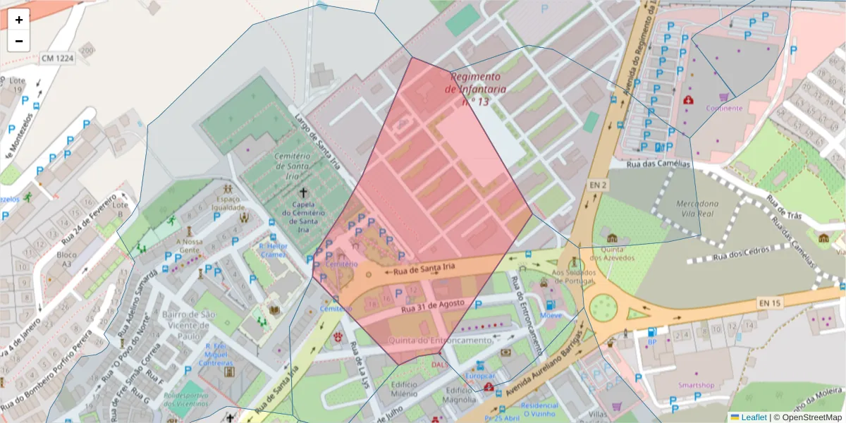 Mapa detalhado do código postal 5000-305 com limites, códigos postais vizinhos e agências dos correios