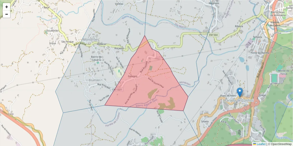 Mapa detalhado do código postal 5000-312 com limites, códigos postais vizinhos e agências dos correios