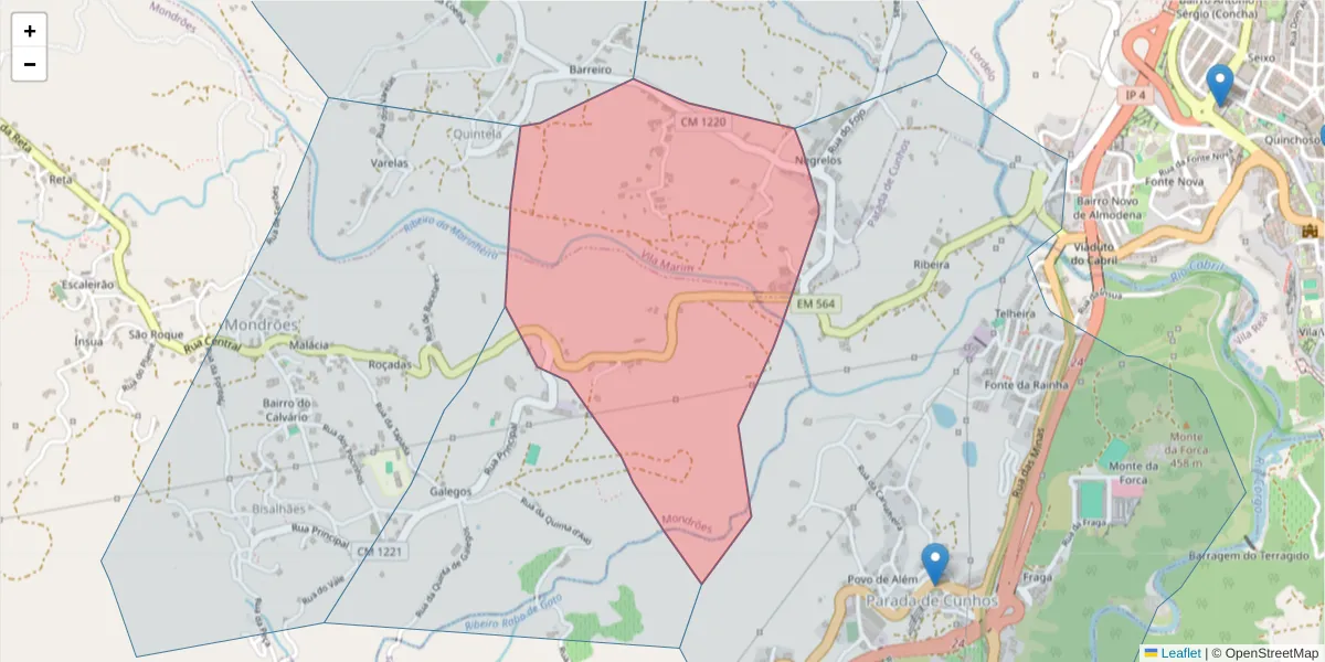 Mapa detalhado do código postal 5000-328 com limites, códigos postais vizinhos e agências dos correios
