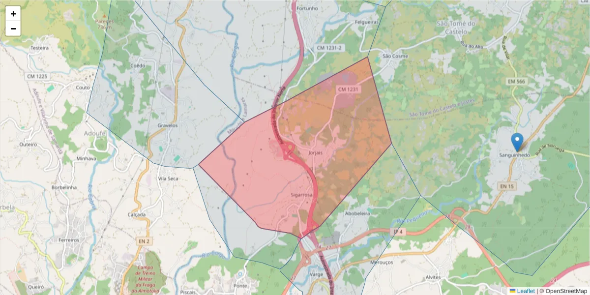 Mapa detalhado do código postal 5000-353 com limites, códigos postais vizinhos e agências dos correios