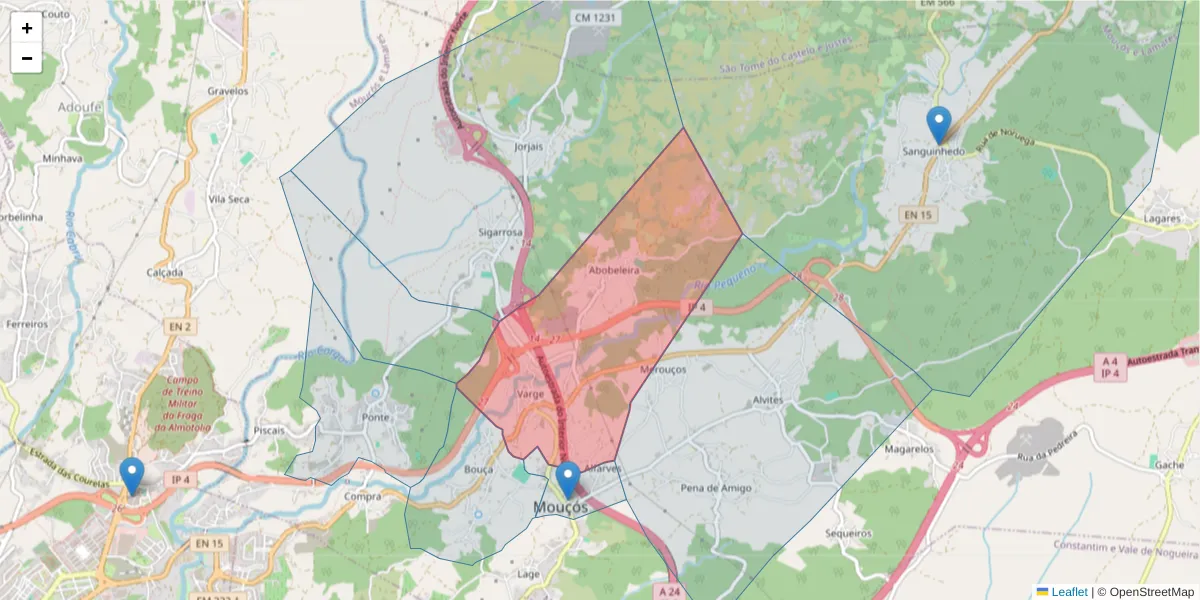 Mapa detalhado do código postal 5000-364 com limites, códigos postais vizinhos e agências dos correios