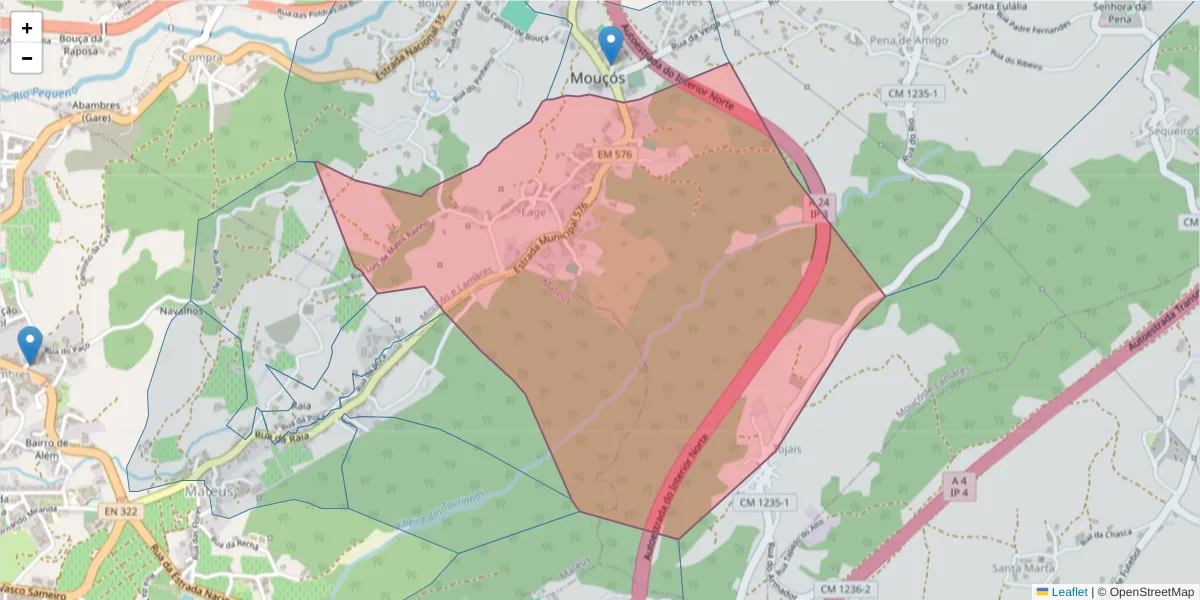 Mapa detalhado do código postal 5000-371 com limites, códigos postais vizinhos e agências dos correios