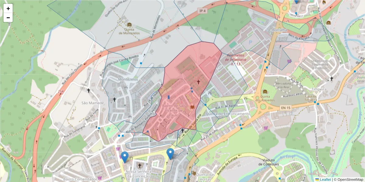 Mapa detalhado do código postal 5000-406 com limites, códigos postais vizinhos e agências dos correios