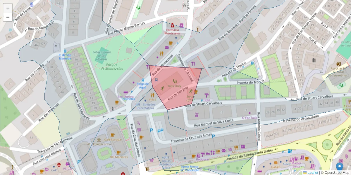Mapa detalhado do código postal 5000-407 com limites, códigos postais vizinhos e agências dos correios
