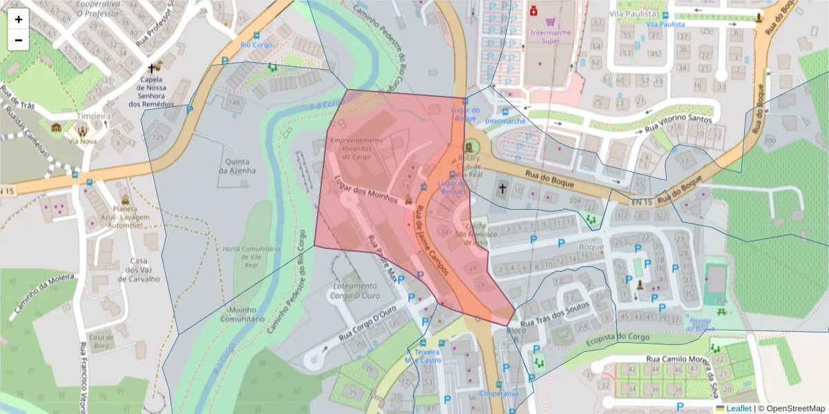Mapa detalhado do código postal 5000-431 com limites, códigos postais vizinhos e agências dos correios