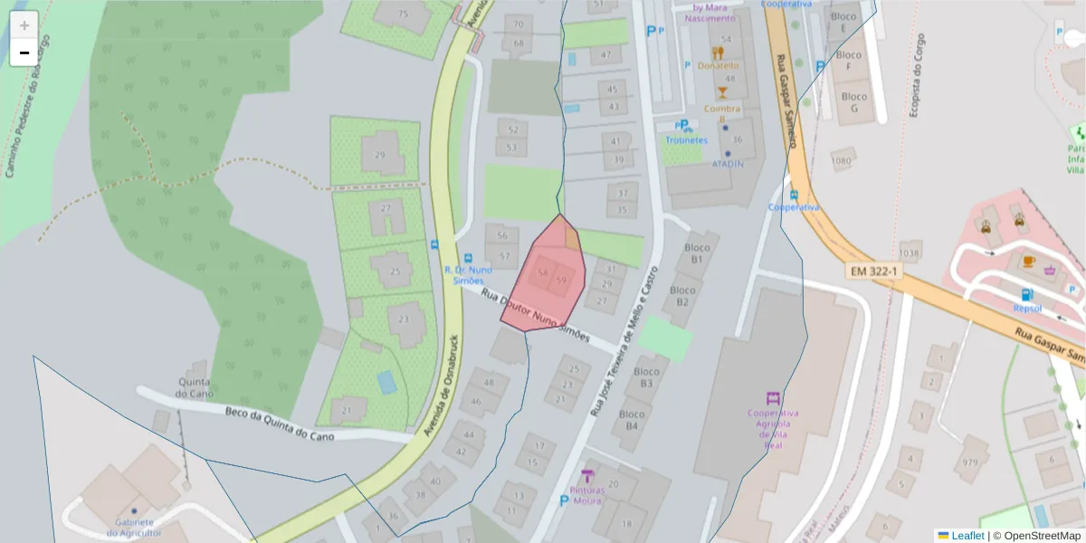 Mapa detalhado do código postal 5000-432 com limites, códigos postais vizinhos e agências dos correios