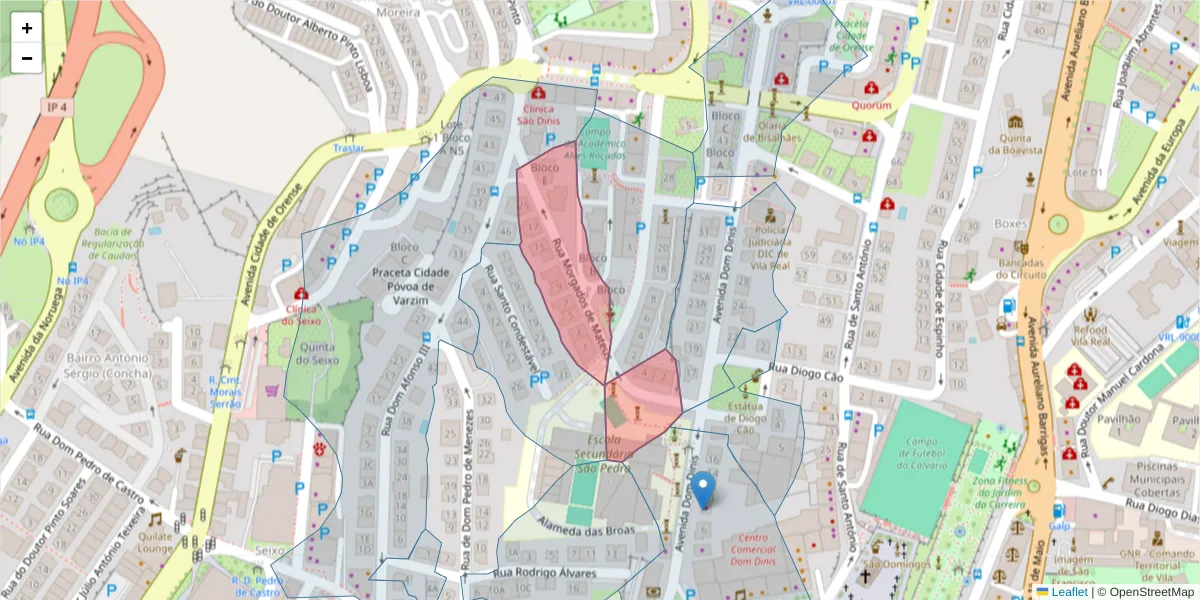 Mapa detalhado do código postal 5000-455 com limites, códigos postais vizinhos e agências dos correios