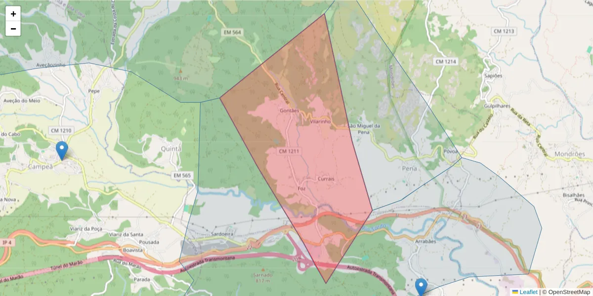Mapa detalhado do código postal 5000-483 com limites, códigos postais vizinhos e agências dos correios