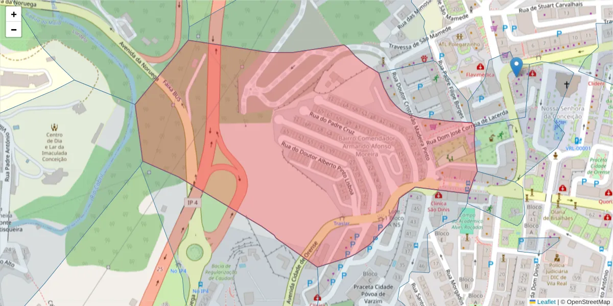 Mapa detalhado do código postal 5000-505 com limites, códigos postais vizinhos e agências dos correios