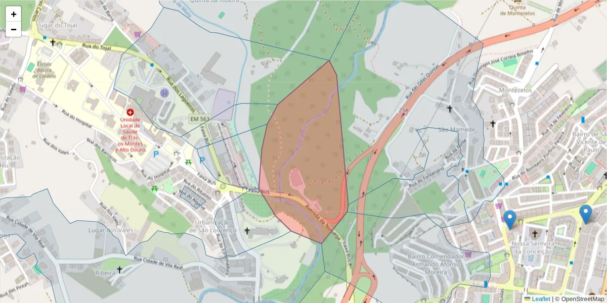 Mapa detalhado do código postal 5000-508 com limites, códigos postais vizinhos e agências dos correios