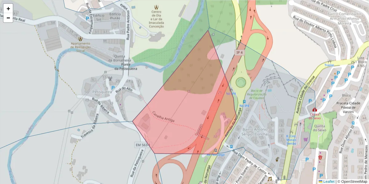 Mapa detalhado do código postal 5000-509 com limites, códigos postais vizinhos e agências dos correios