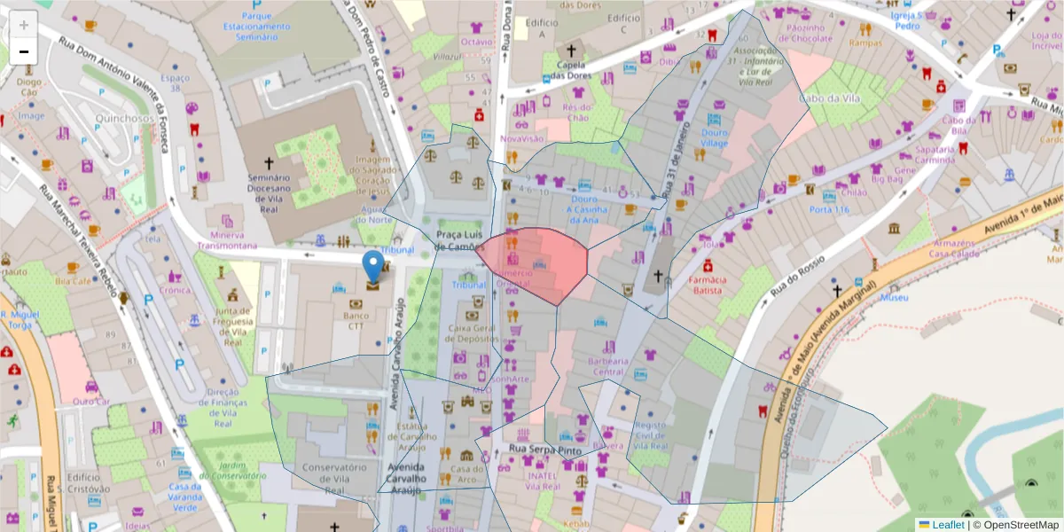Mapa detalhado do código postal 5000-526 com limites, códigos postais vizinhos e agências dos correios