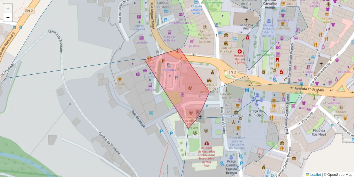 Mapa detalhado do código postal 5000 - 529 com limites, códigos postais vizinhos e agências dos correios