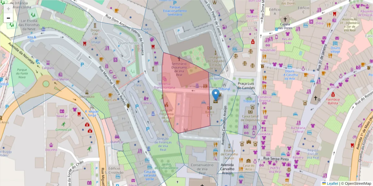 Mapa detalhado do código postal 5000-539 com limites, códigos postais vizinhos e agências dos correios