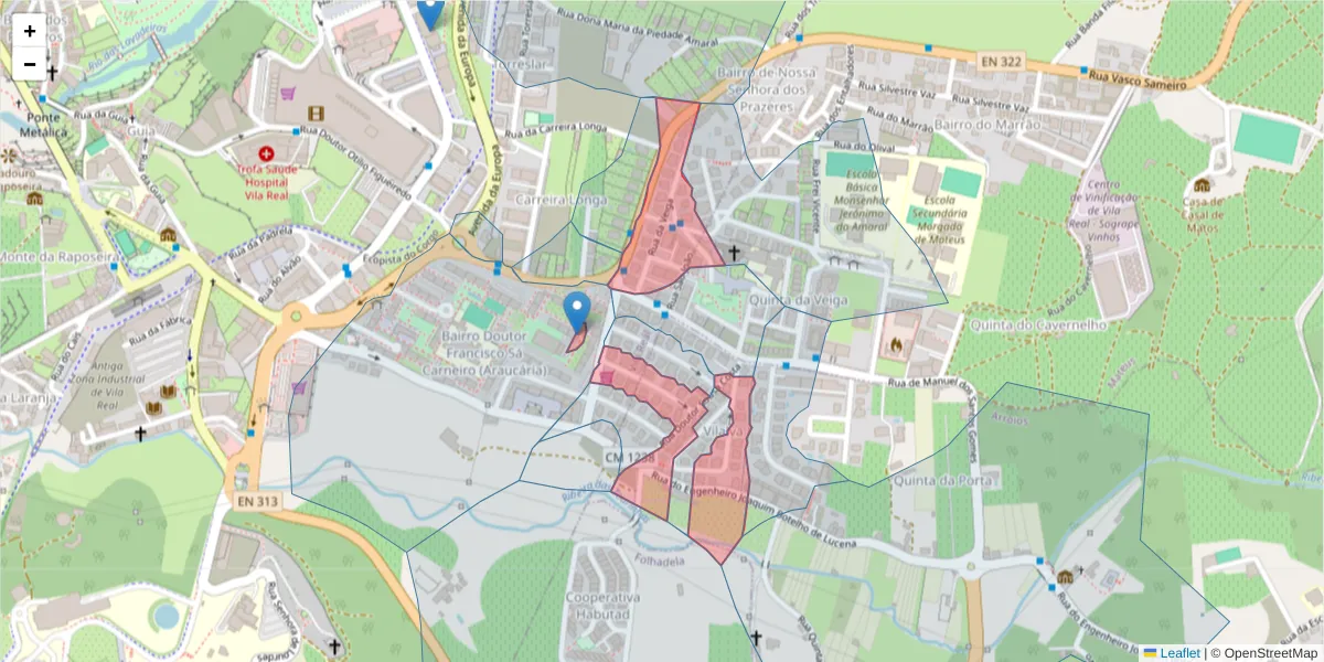 Mapa detalhado do código postal 5000-552 com limites, códigos postais vizinhos e agências dos correios