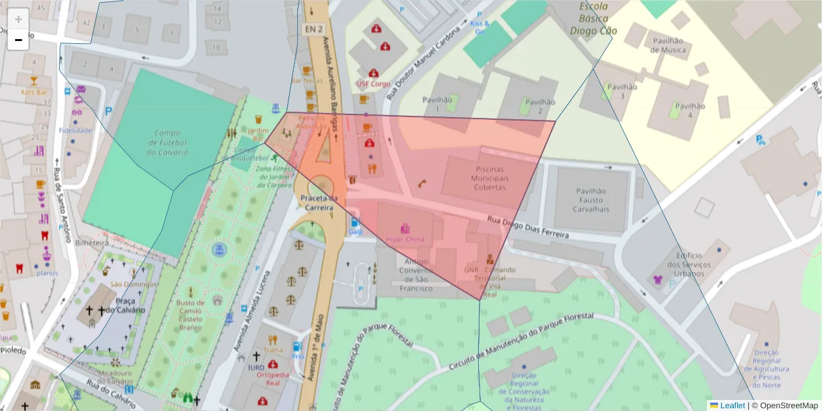 Mapa detalhado do código postal 5000-560 com limites, códigos postais vizinhos e agências dos correios