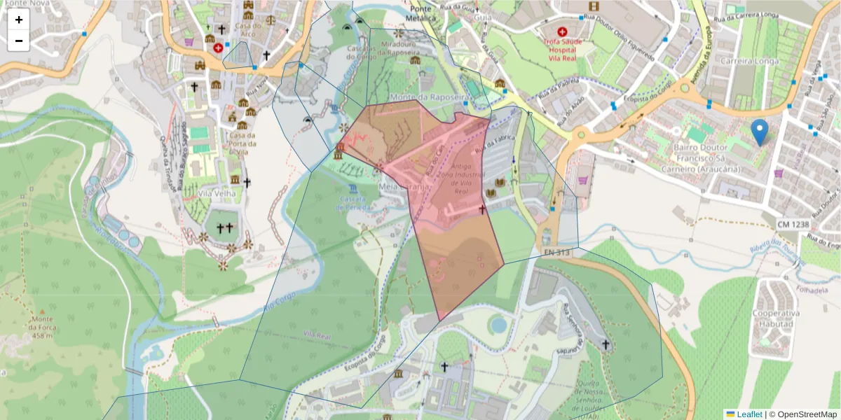 Mapa detalhado do código postal 5000-570 com limites, códigos postais vizinhos e agências dos correios