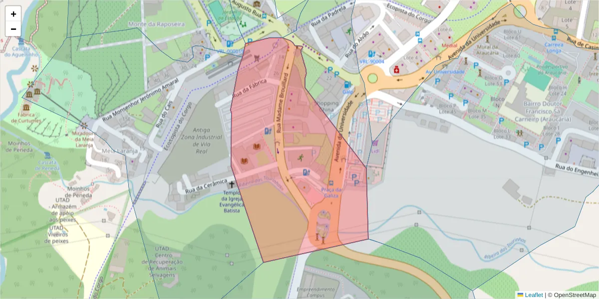 Mapa detalhado do código postal 5000-573 com limites, códigos postais vizinhos e agências dos correios