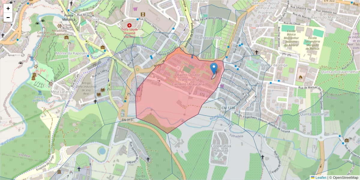Mapa detalhado do código postal 5000-584 com limites, códigos postais vizinhos e agências dos correios