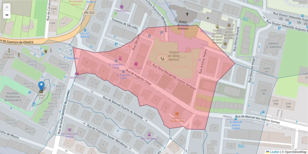 Mapa detalhado do código postal 5000-591 com limites, códigos postais vizinhos e agências dos correios