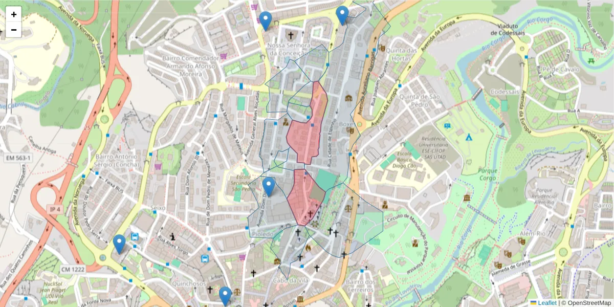 Mapa detalhado do código postal 5000-607 com limites, códigos postais vizinhos e agências dos correios
