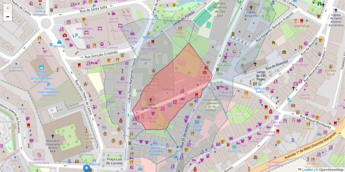 Mapa detalhado do código postal 5000-608 com limites, códigos postais vizinhos e agências dos correios