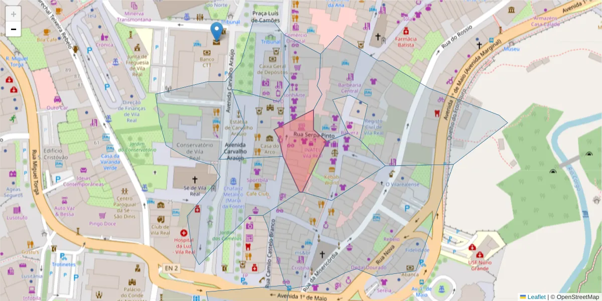 Mapa detalhado do código postal 5000-616 com limites, códigos postais vizinhos e agências dos correios