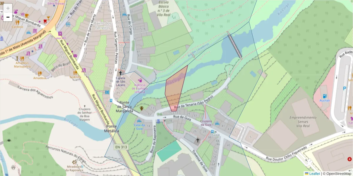Mapa detalhado do código postal 5000-621 com limites, códigos postais vizinhos e agências dos correios