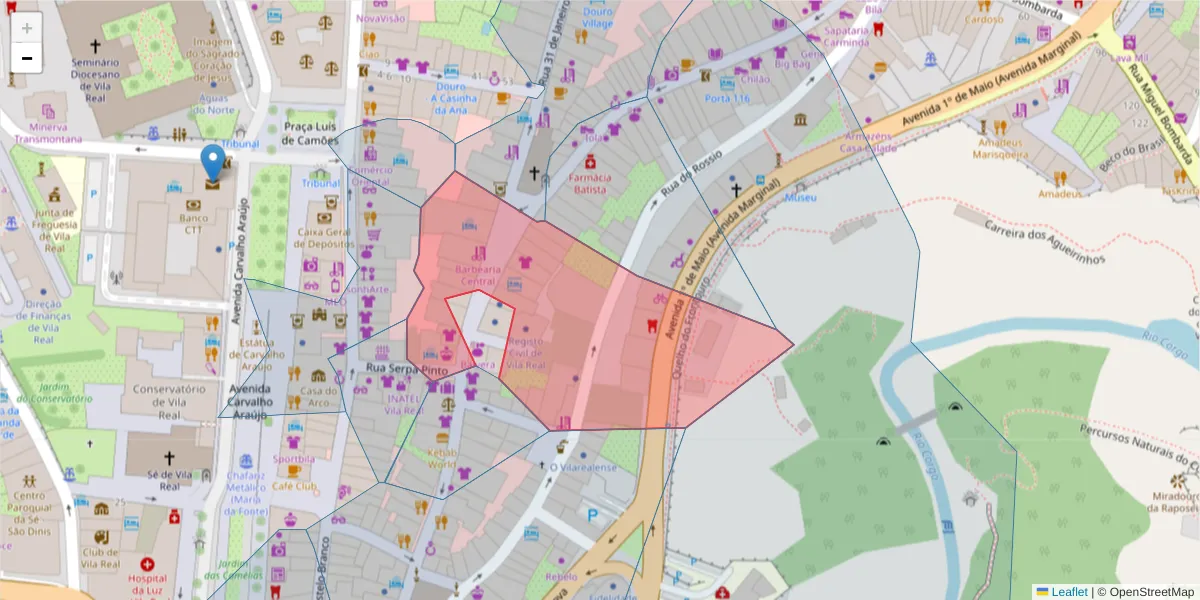 Mapa detalhado do código postal 5000-635 com limites, códigos postais vizinhos e agências dos correios