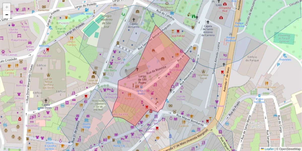 Mapa detalhado do código postal 5000-638 com limites, códigos postais vizinhos e agências dos correios